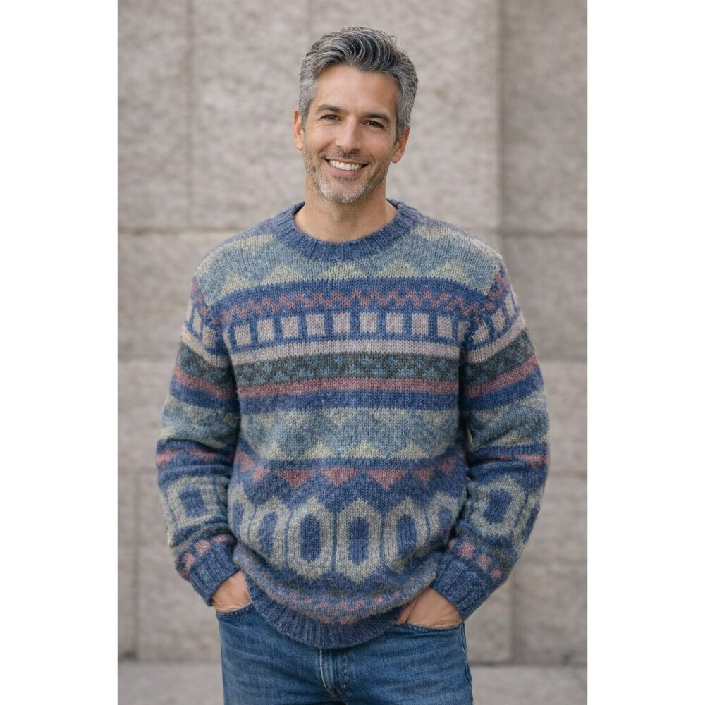 Vintage B.Altman & Co. 100% Shetland Hand Knit Wool Sweater Mens Large Geometric